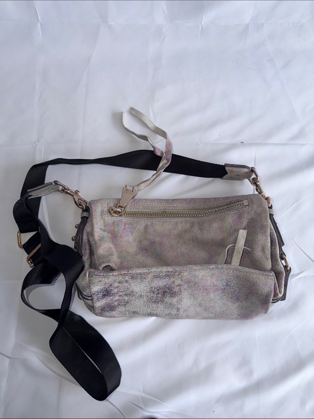 Aimee Kestenberg Iridescent Silver Crossbody Bag with Black Strap